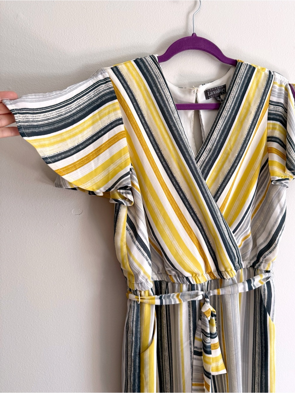 Jumpsuit Luxology Yellow and Gray Striped in Split Butterfly Sleeves and Pockets